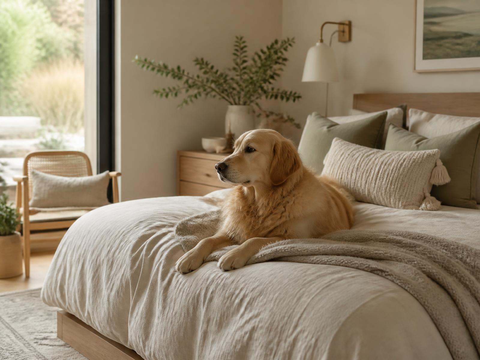 Golden retriever resting calmly on a cream linen bed in a warm, sunlit home